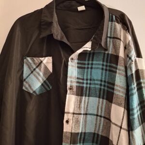 Black and Turqoise Flannel Plaid Button Down Men's Shirt
